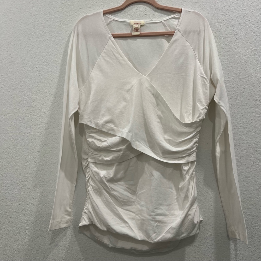 Sundance White Stretchy Cotton Ruched Layered‎ Long Sleeve Blouse Size XL